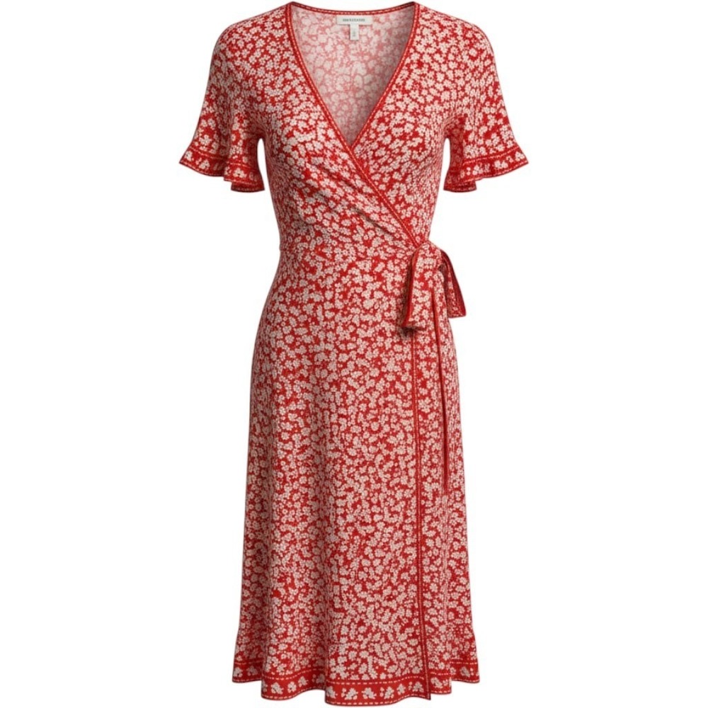 Max Studio Red White Floral Faux Wrap Dress Petite Large Ruffle Sleeve 5902C67P